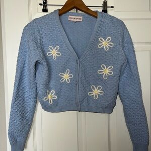 Willow & Wind Light Blue Daisy Embroidered V-Neck Cardigan Sweater